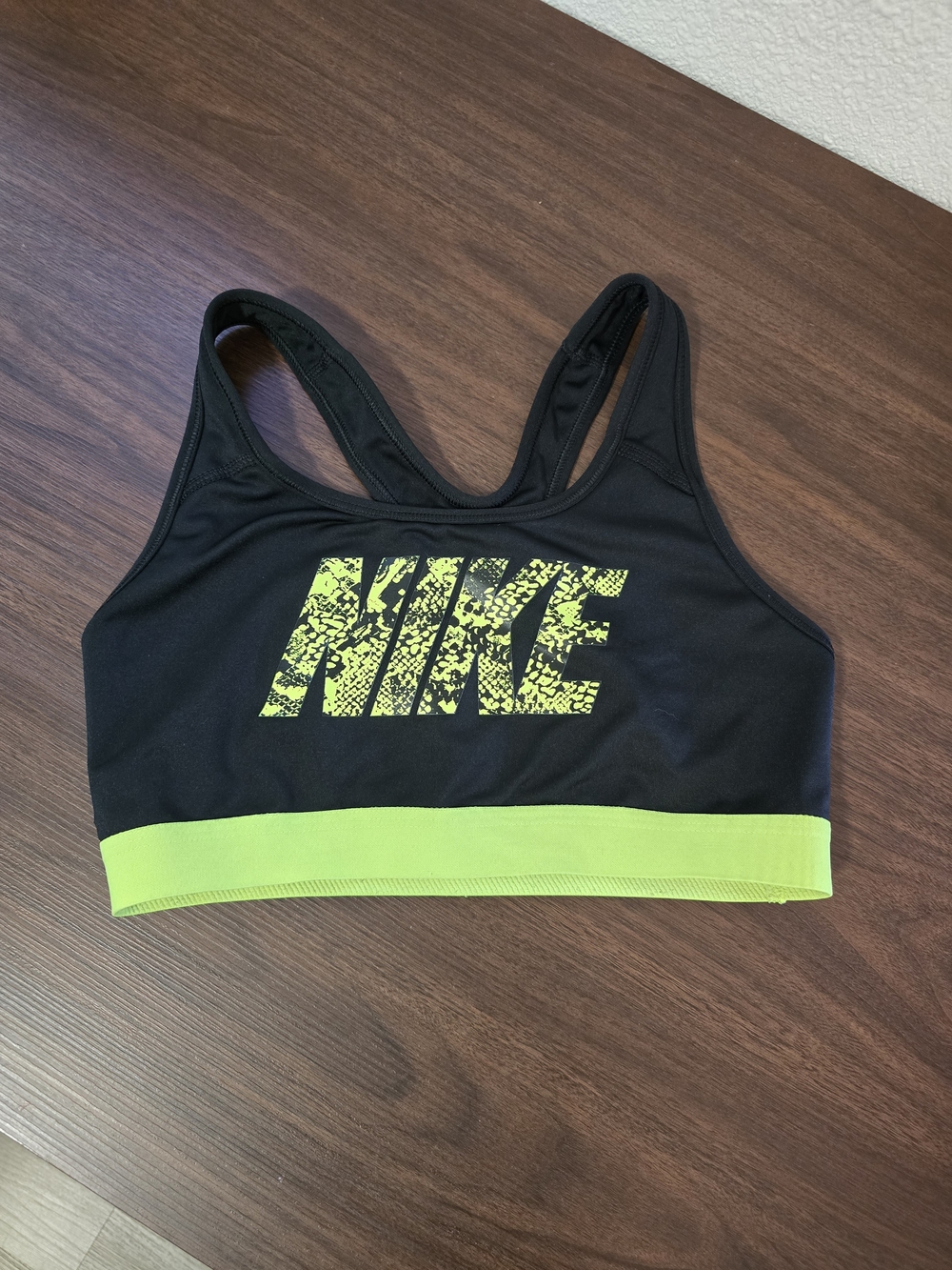 Nike Women’s Black and Neon Yellow Sports Bra